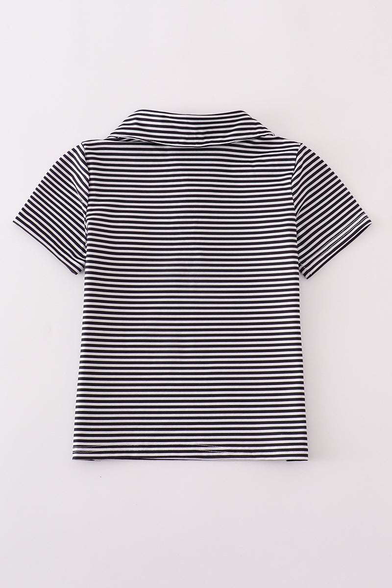 Boys Navy Striped Football Embroidered Polo