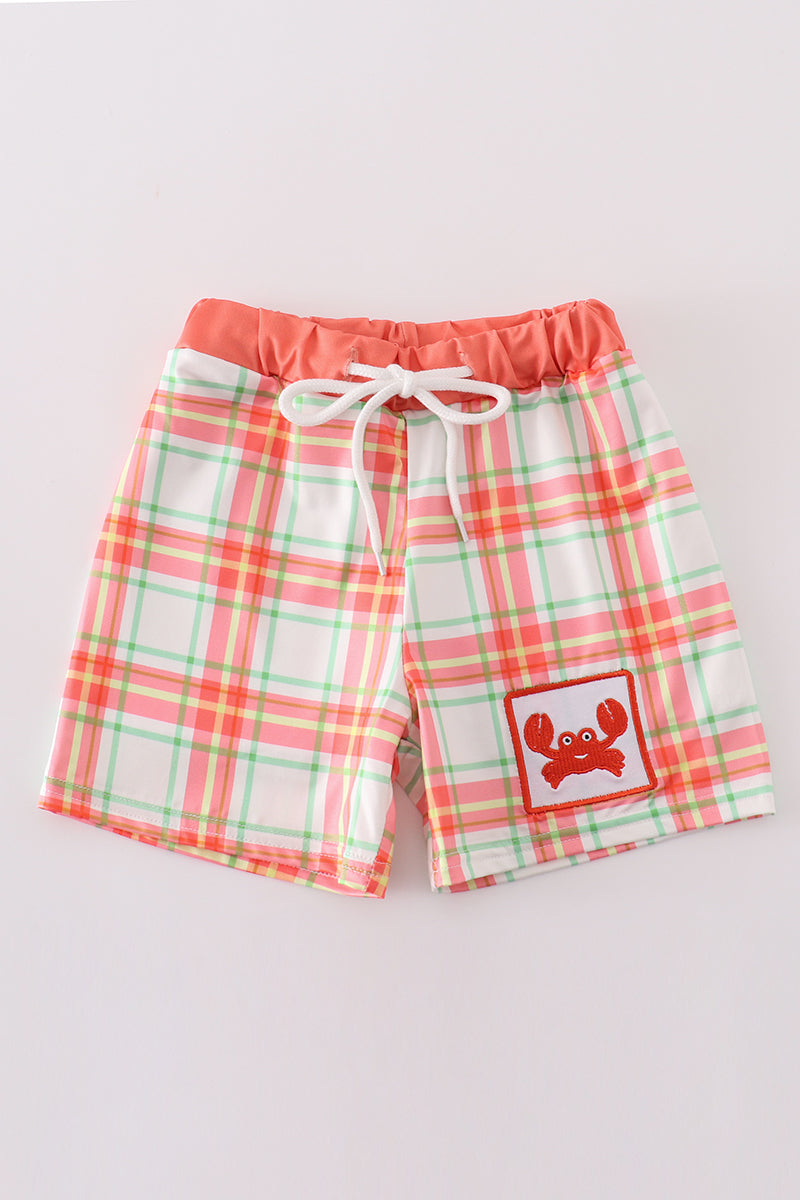 Boys Embroidered Plaid Crab Swim Trunks