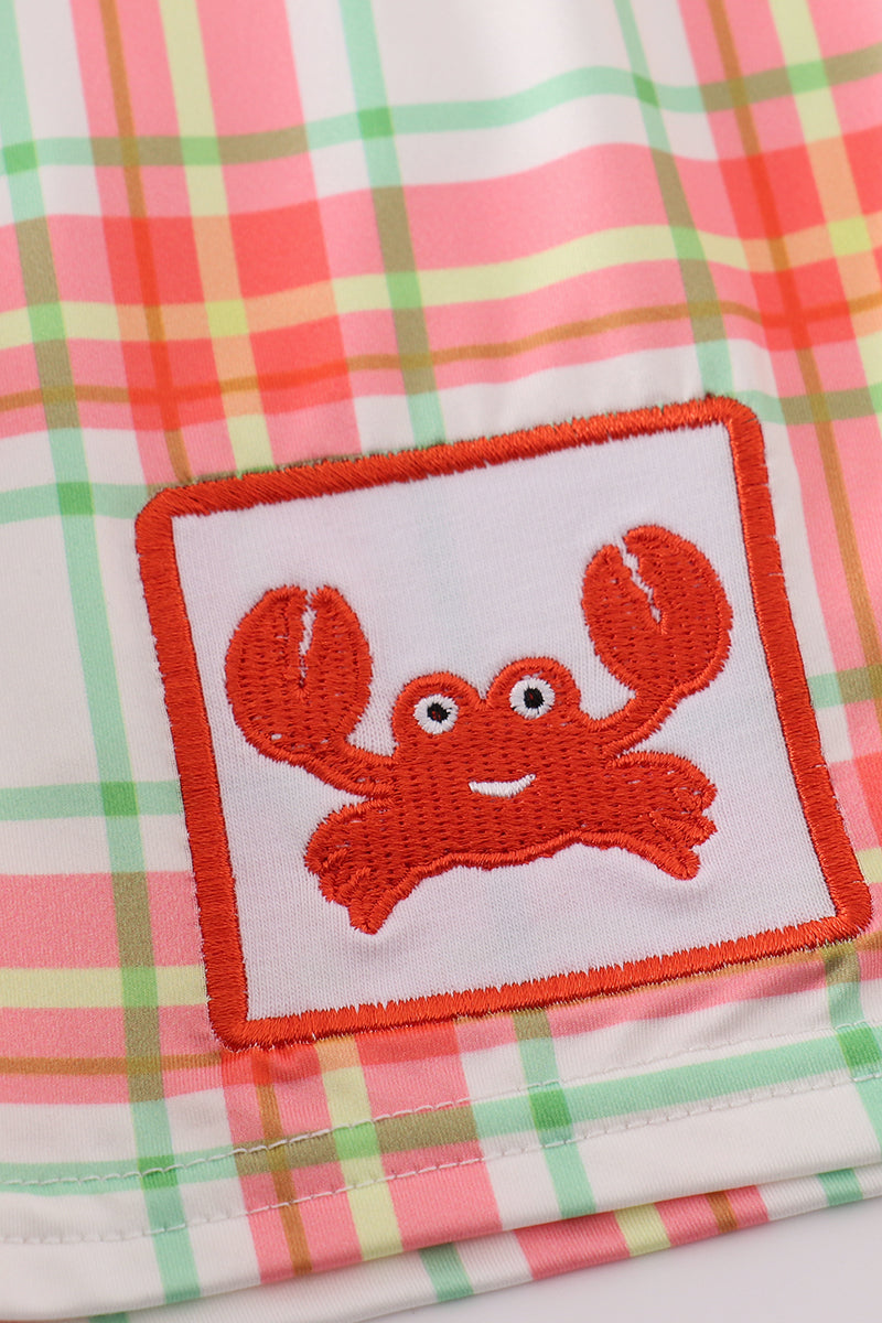 Boys Embroidered Plaid Crab Swim Trunks