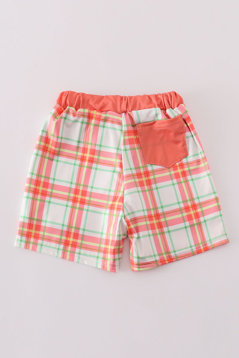 Boys Embroidered Plaid Crab Swim Trunks