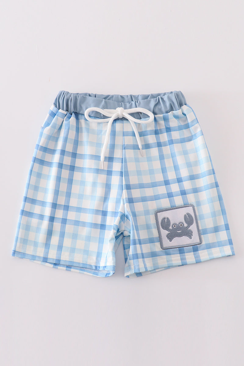 Boys Blue Plaid Crab Embroidered Swim Trunks