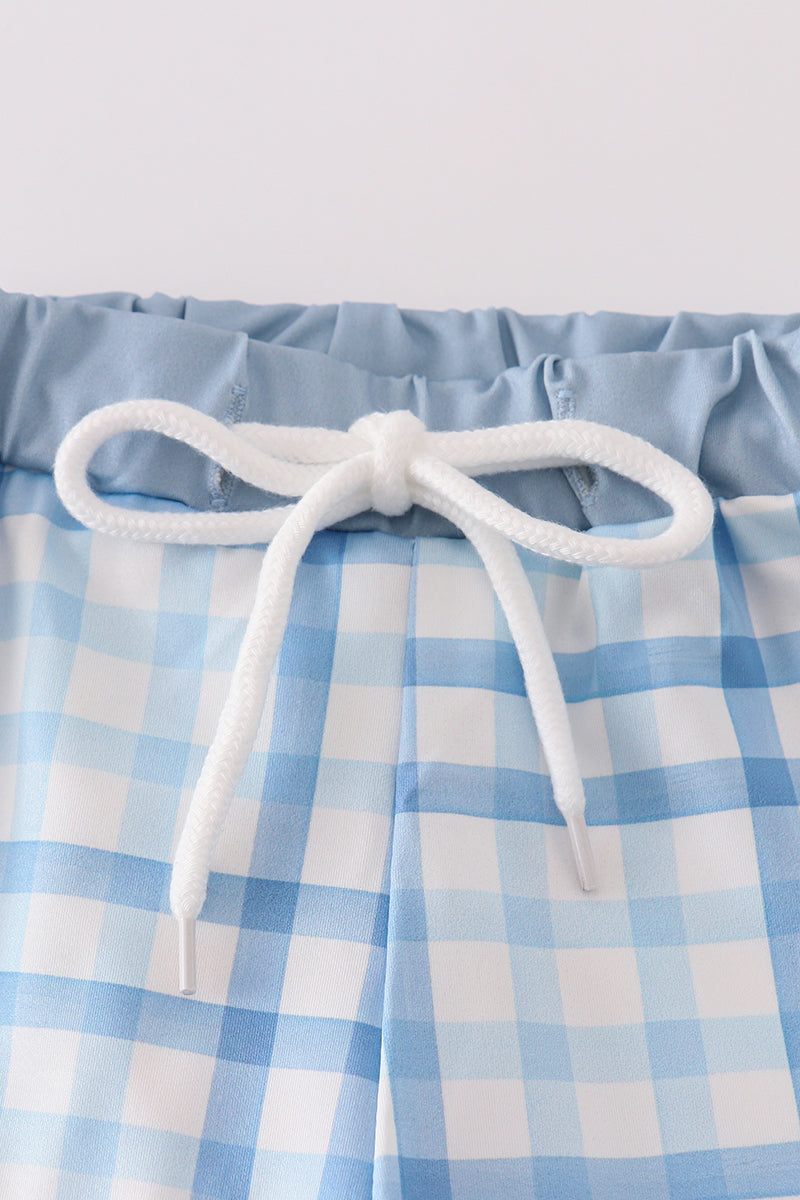 Boys Blue Plaid Crab Embroidered Swim Trunks