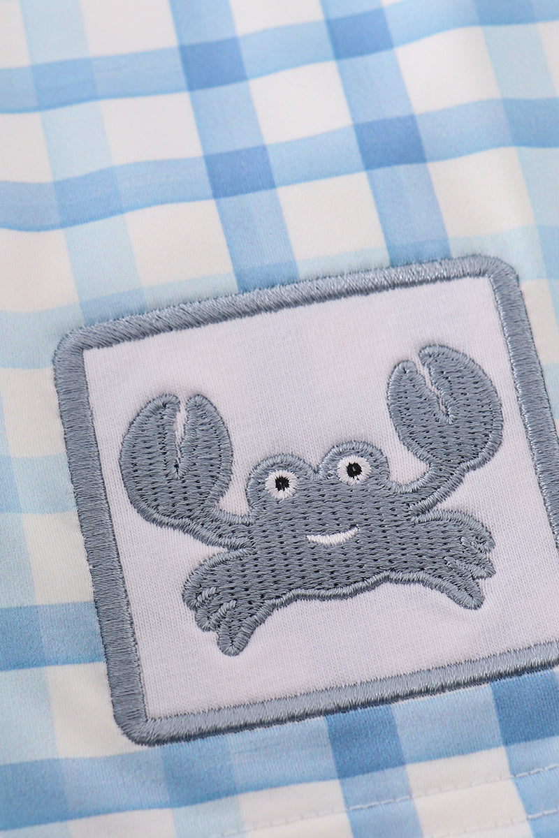 Boys Blue Plaid Crab Embroidered Swim Trunks