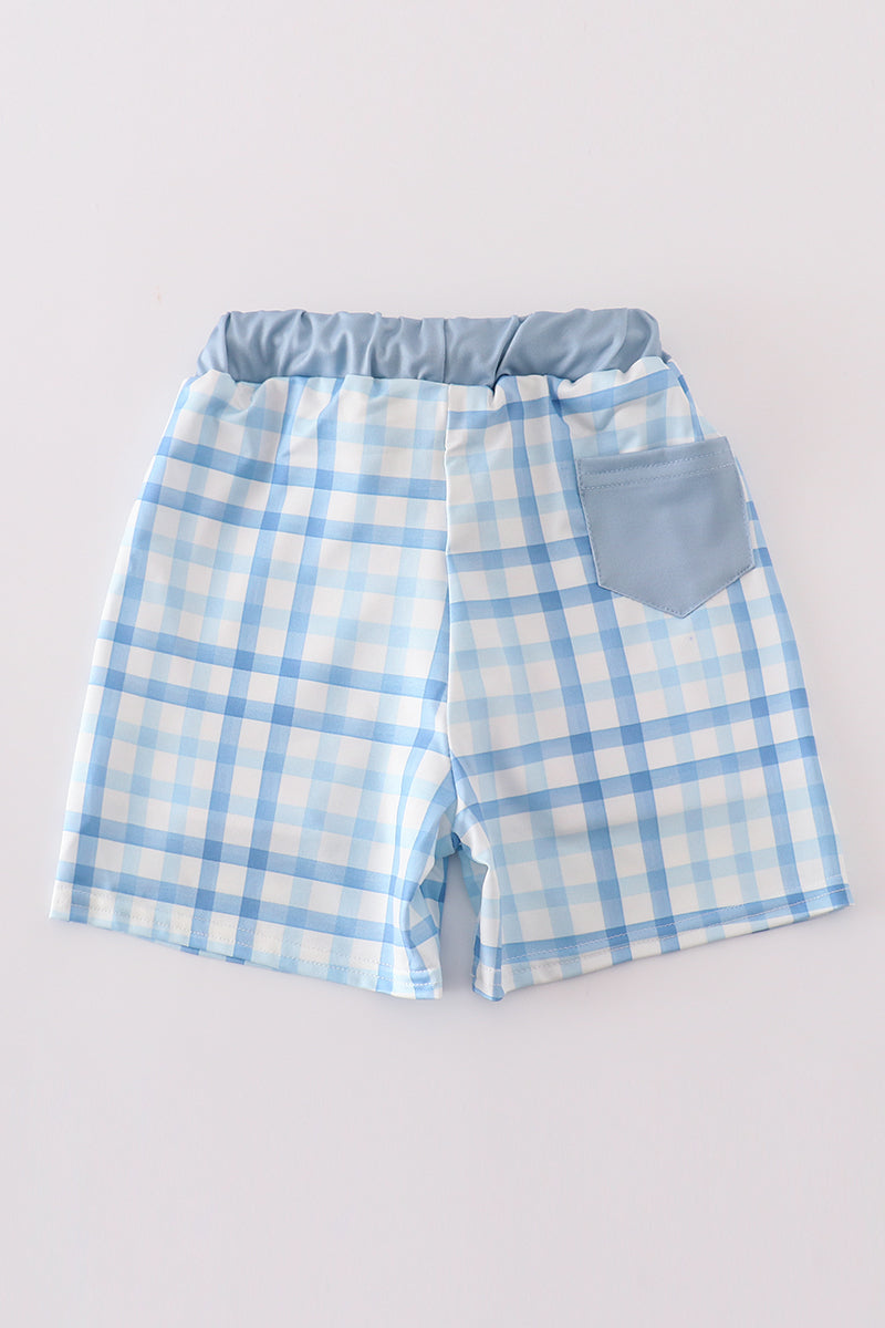Boys Blue Plaid Crab Embroidered Swim Trunks