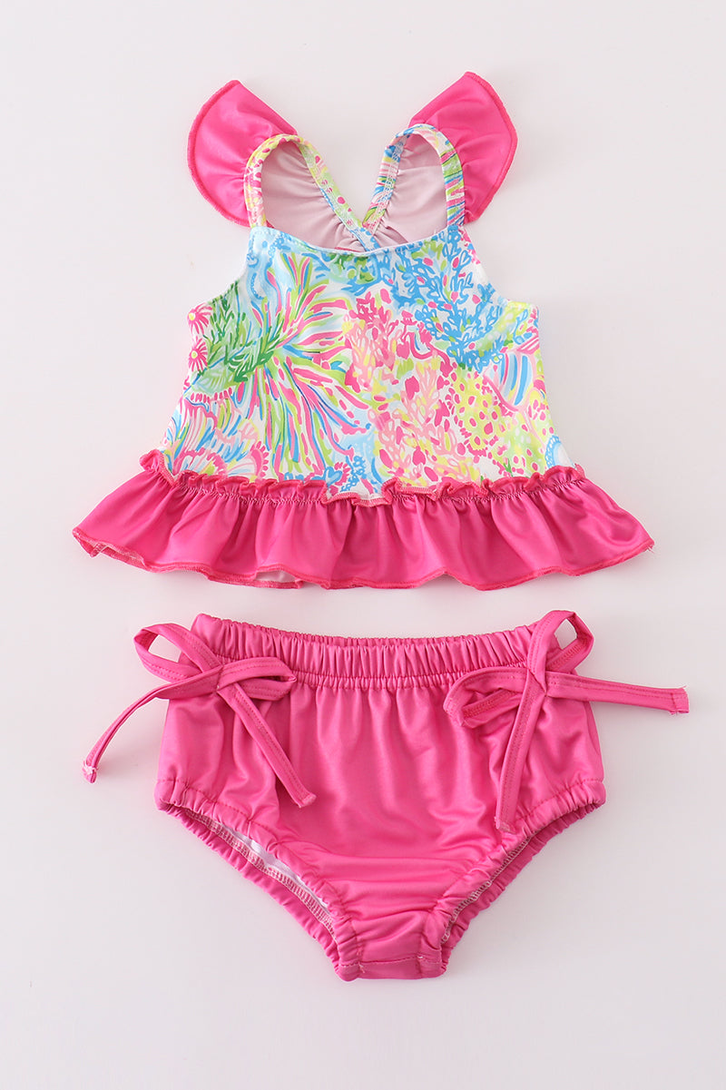 Girls Pink Tropical Floral 2pc Swimsuit