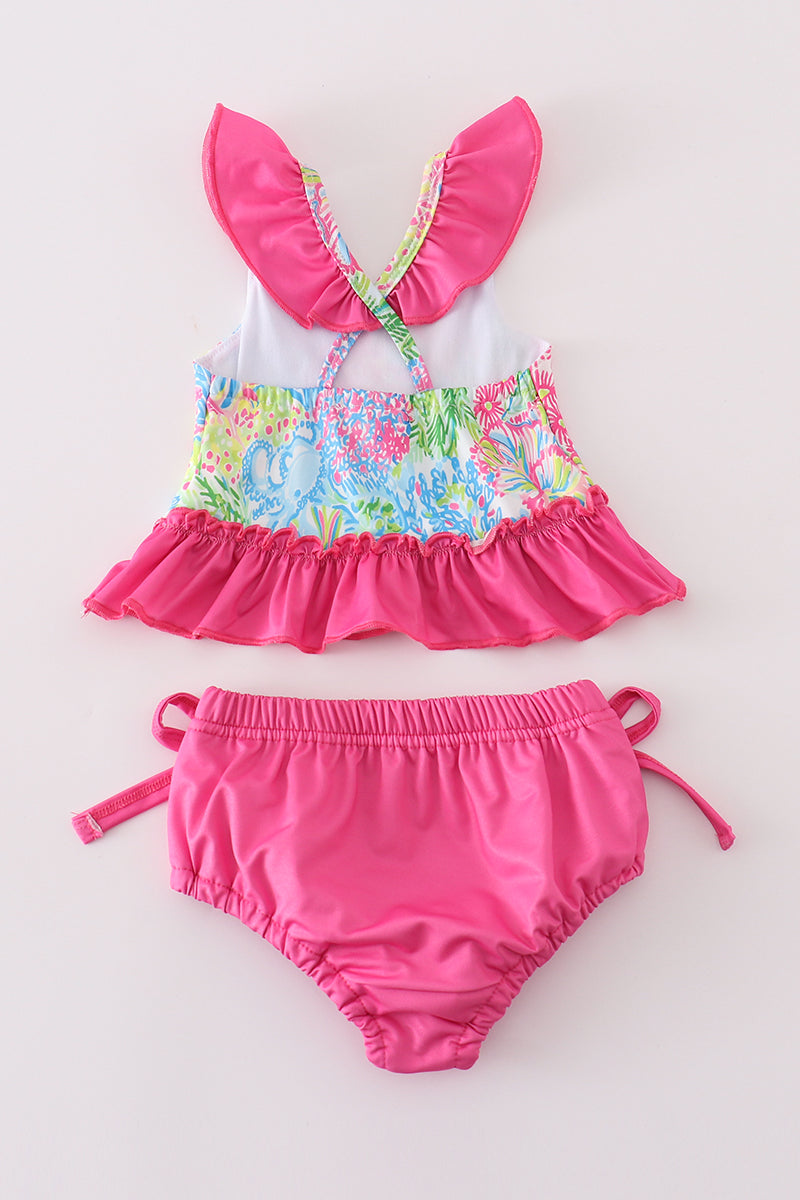 Girls Pink Tropical Floral 2pc Swimsuit