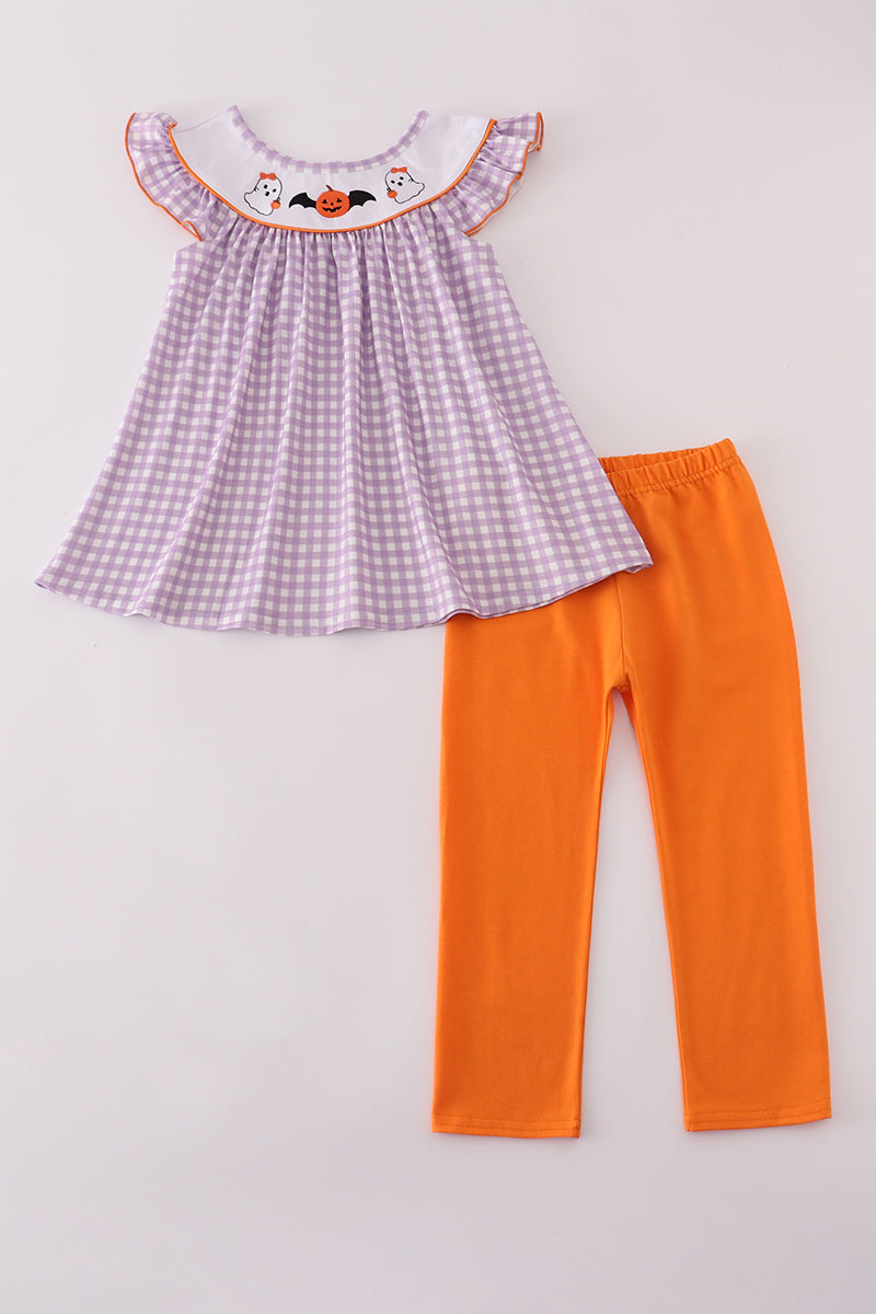 Girls Halloween Pumpkin Ghost Embroidered Pants Set