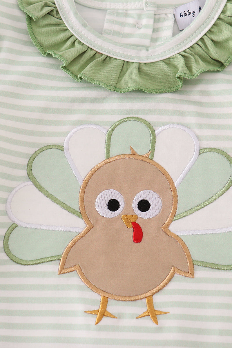 Girls Sage Turkey Appliqué Striped Ruffle Bubble