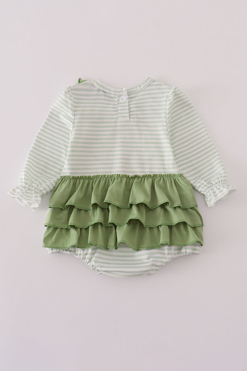 Girls Sage Turkey Appliqué Striped Ruffle Bubble