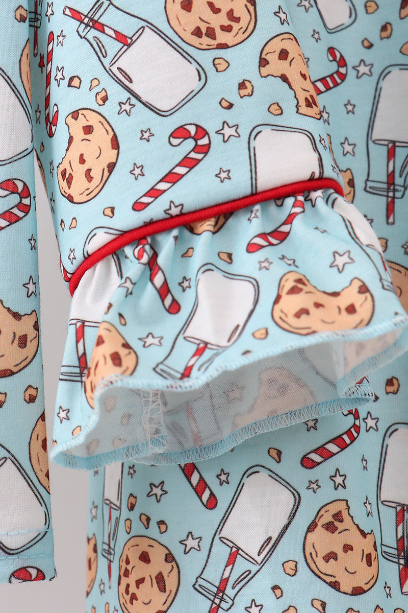 Girls Milk & Cookie Print Ruffle Pajama Set