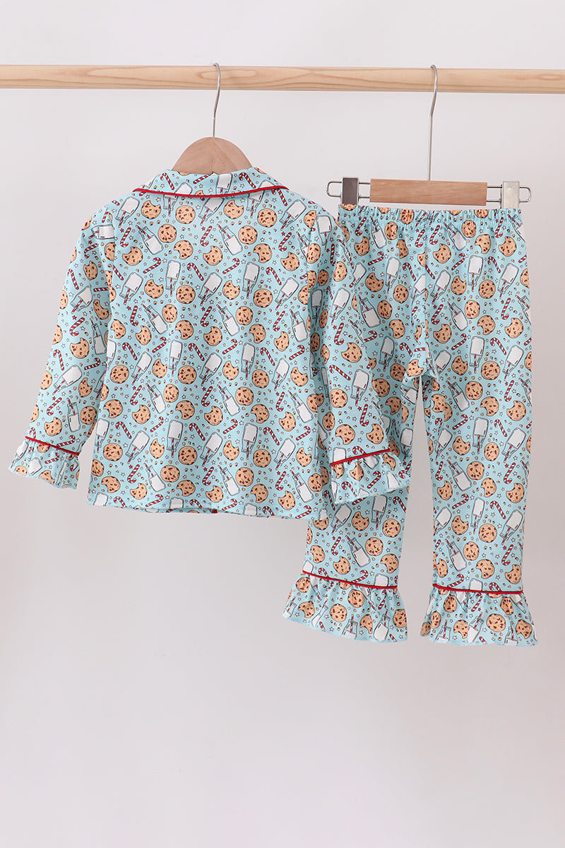 Girls Milk & Cookie Print Ruffle Pajama Set
