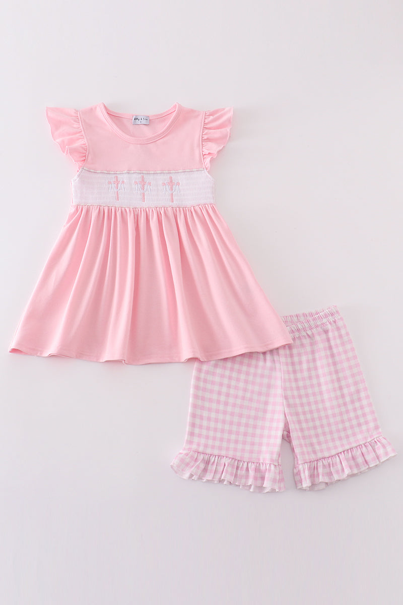 Girls Pink Cross Smocked Set