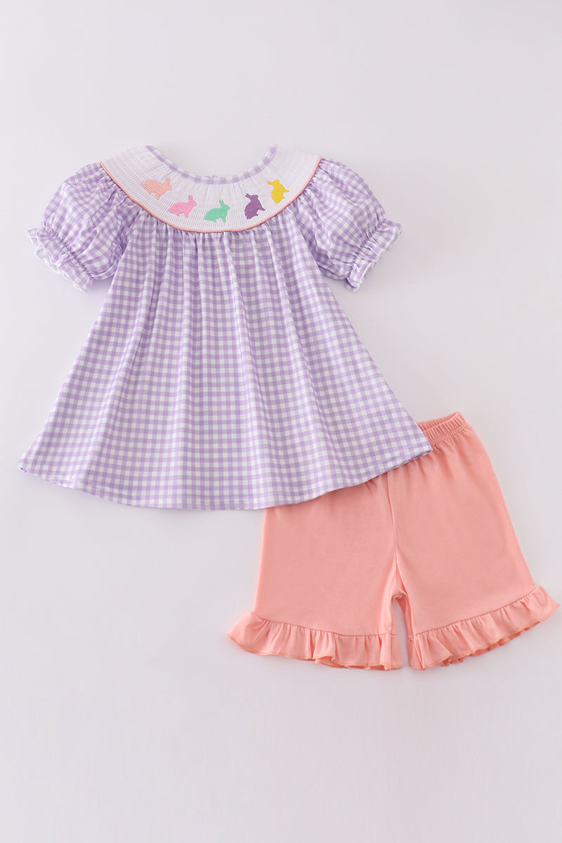 Girls Lavender Gingham Smocked Bunny Set
