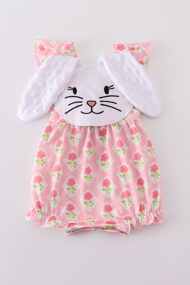 Girls Pink Floral Bunny Appliquéd Bubble