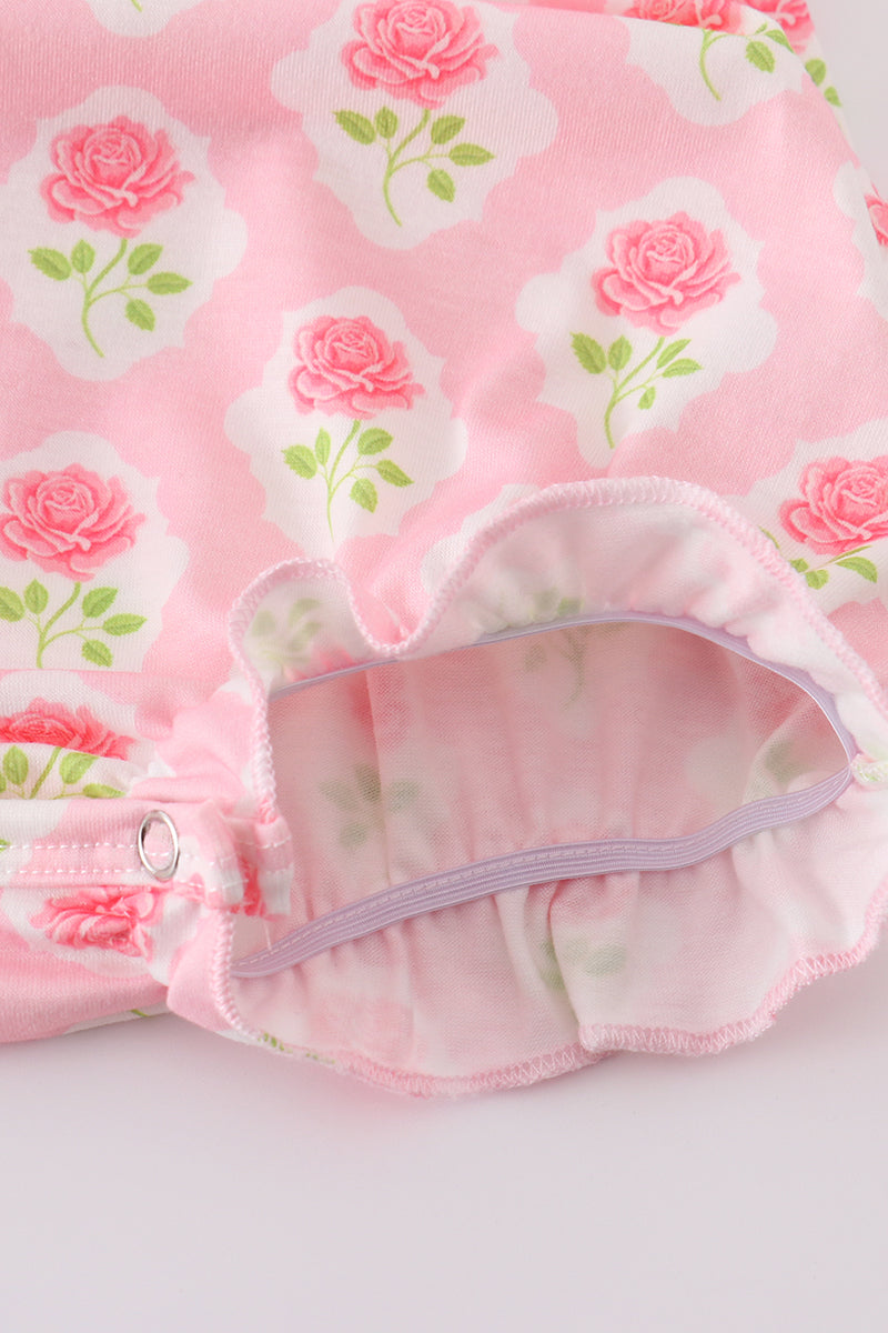 Girls Pink Floral Bunny Appliquéd Bubble