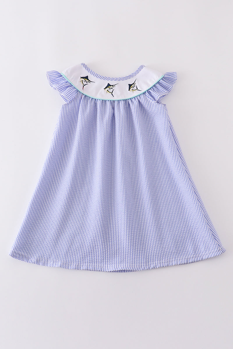 Blue Stripe Seersucker Swordfish Embroidered Dress