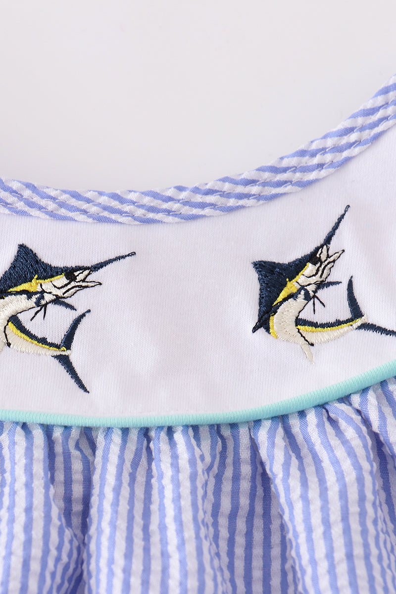 Blue Stripe Seersucker Swordfish Embroidered Dress