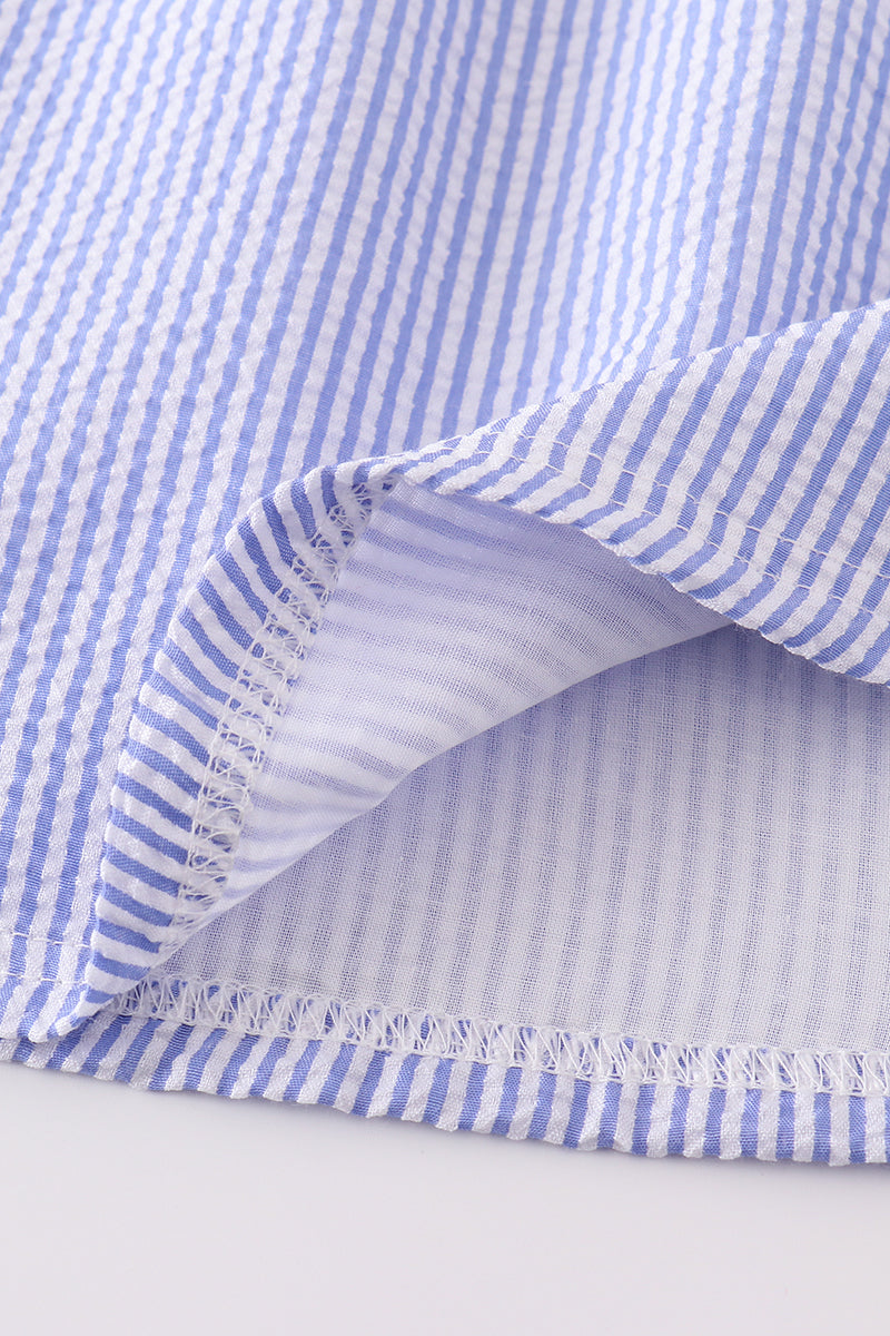 Blue Stripe Seersucker Swordfish Embroidered Dress