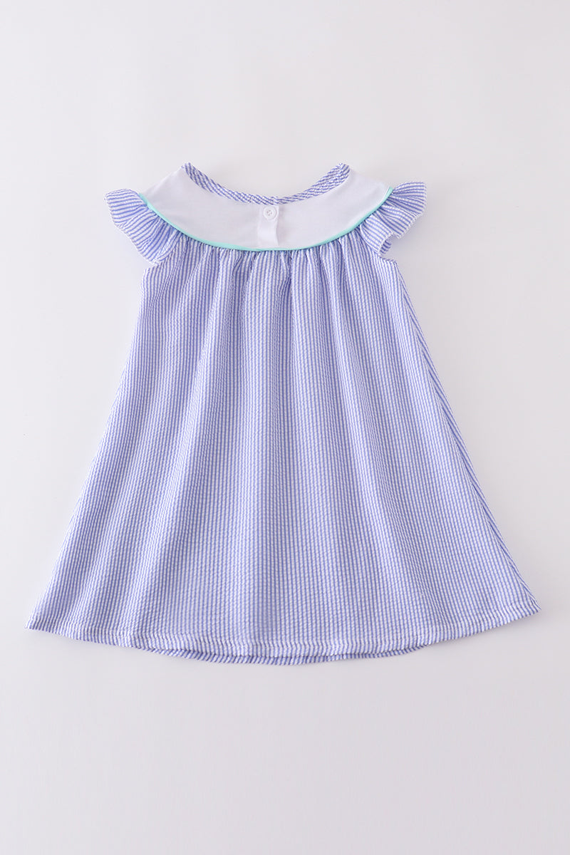 Blue Stripe Seersucker Swordfish Embroidered Dress