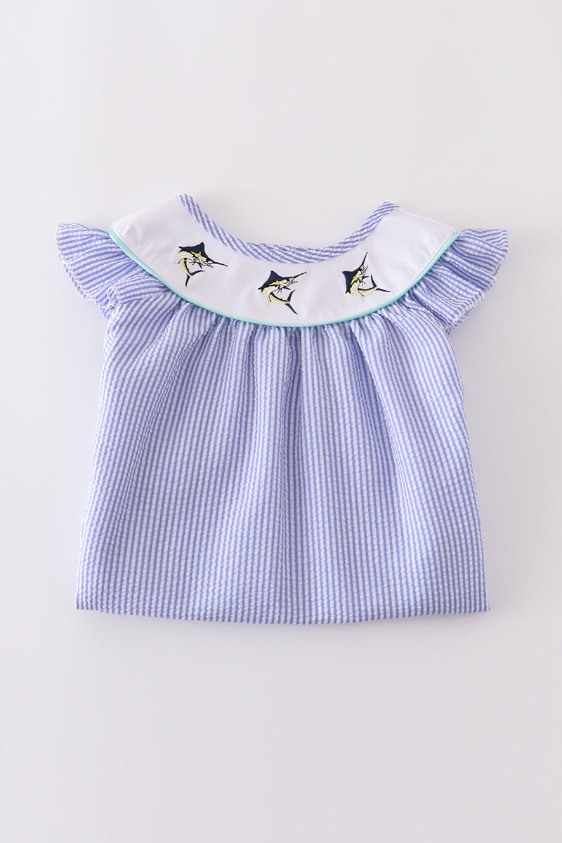 Blue Stripe Seersucker Swordfish Embroidered Dress