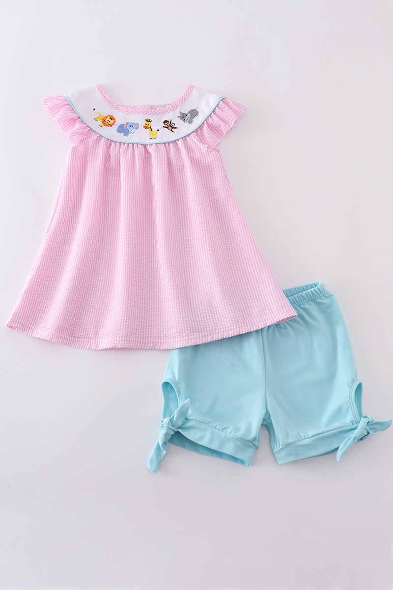 Girls Seersucker Zoo Animal Embroidered Set