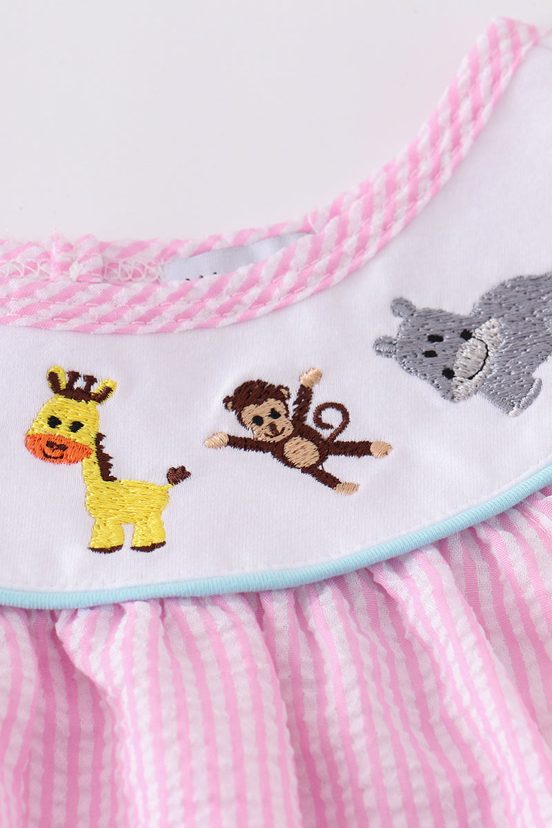 Girls Seersucker Zoo Animal Embroidered Set