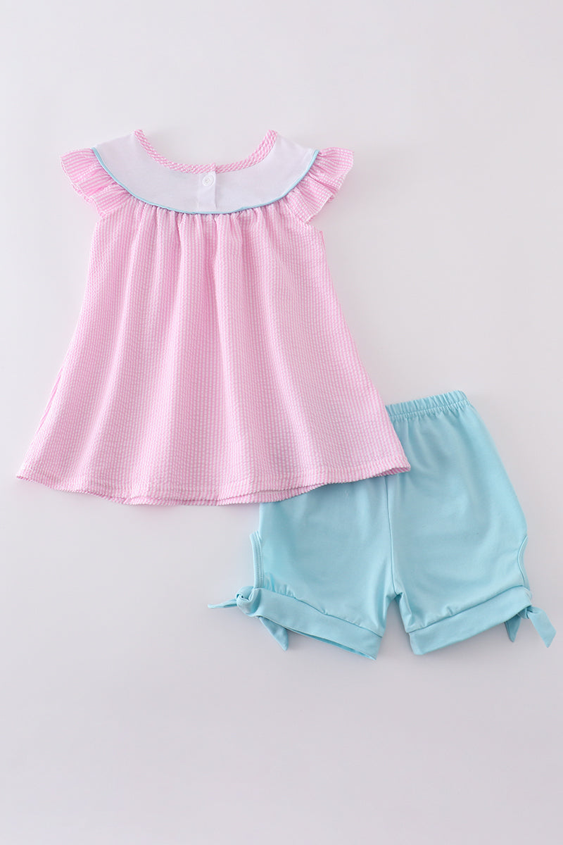 Girls Seersucker Zoo Animal Embroidered Set