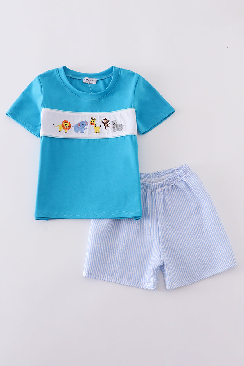 Boys Blue Seersucker Embroidered Zoo Animal Set