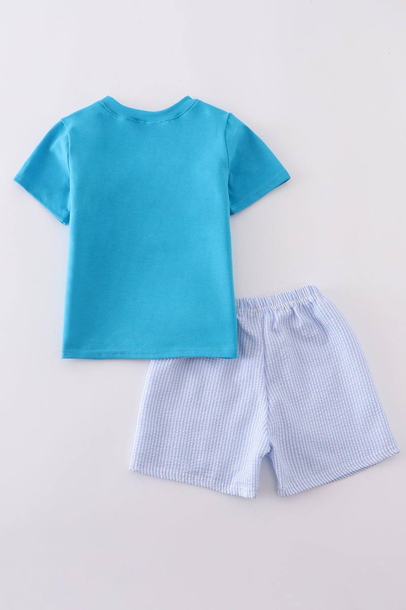 Boys Blue Seersucker Embroidered Zoo Animal Set