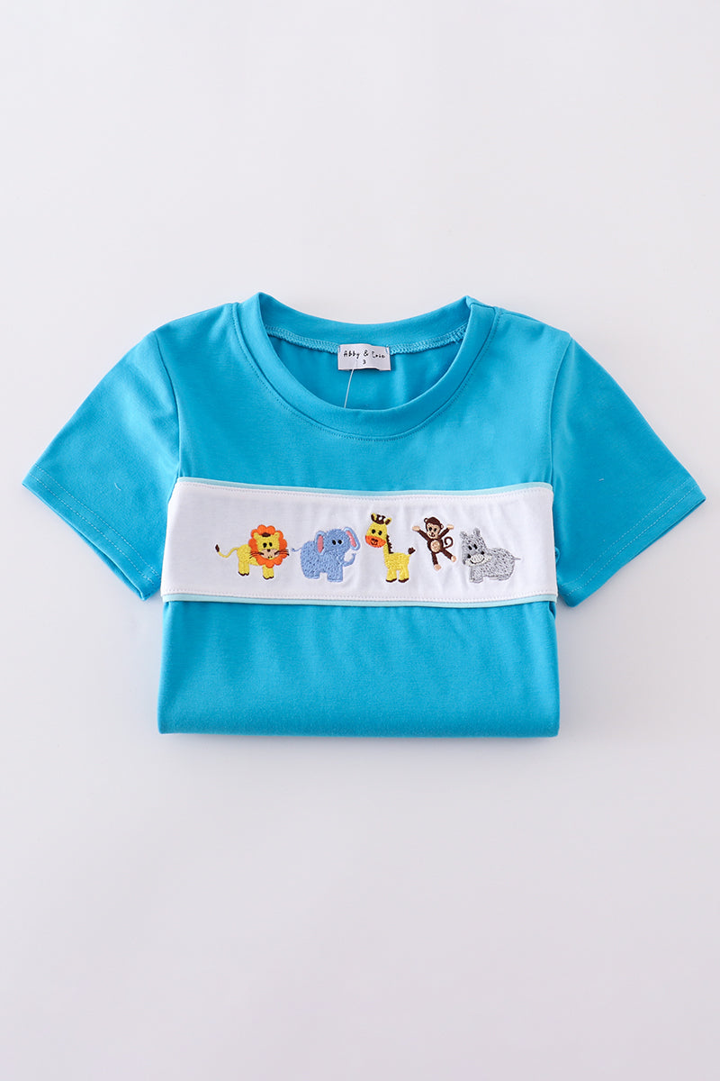 Boys Blue Seersucker Embroidered Zoo Animal Set
