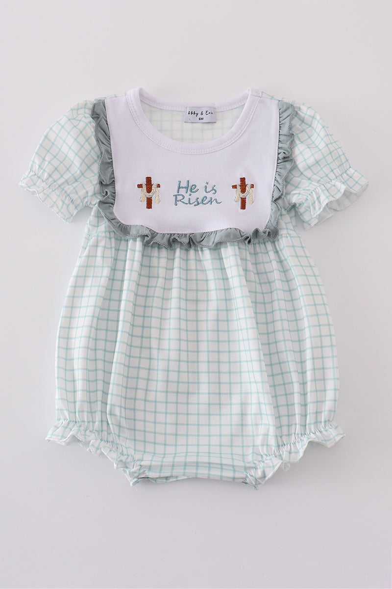Girls Blue "He is Risen" Embroidered Bubble
