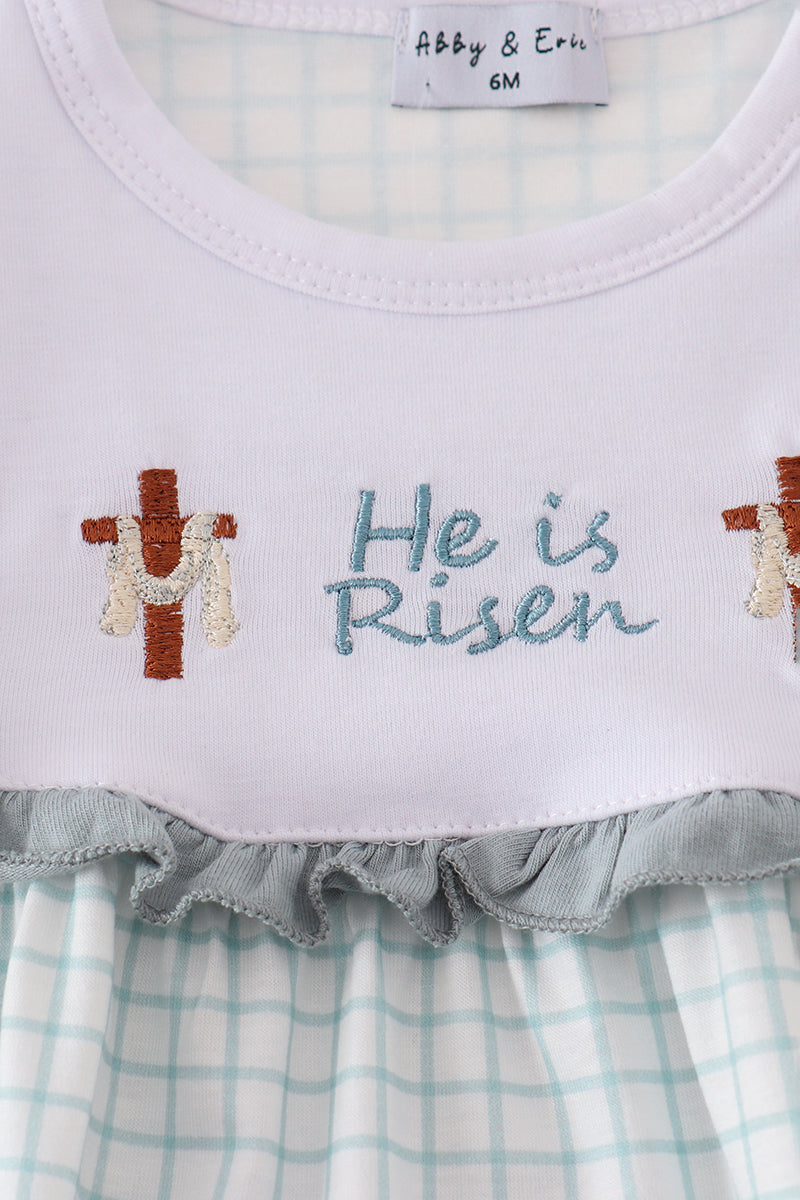 Girls Blue "He is Risen" Embroidered Bubble
