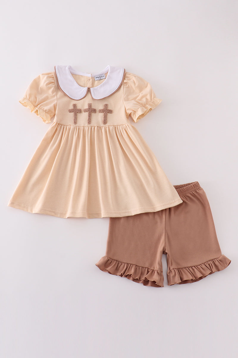 Girls Beige Cross French Knot Set