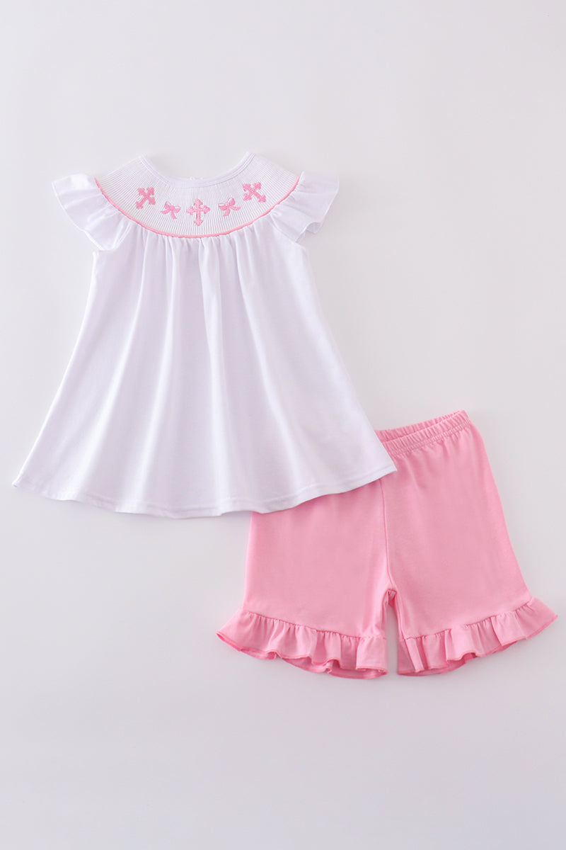 Girls Smocked Pink Cross and Bow Set