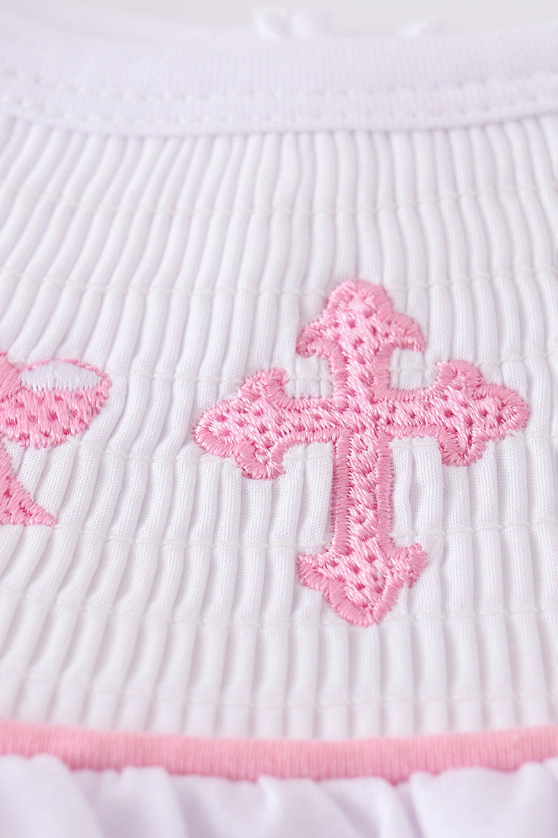 Girls Smocked Pink Cross and Bow Set