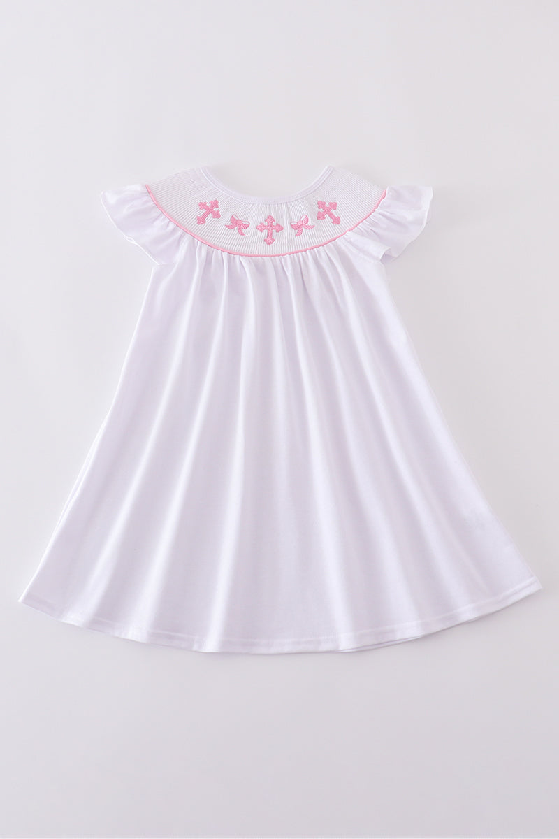Girls Smocked Pink Bow Cross Dress