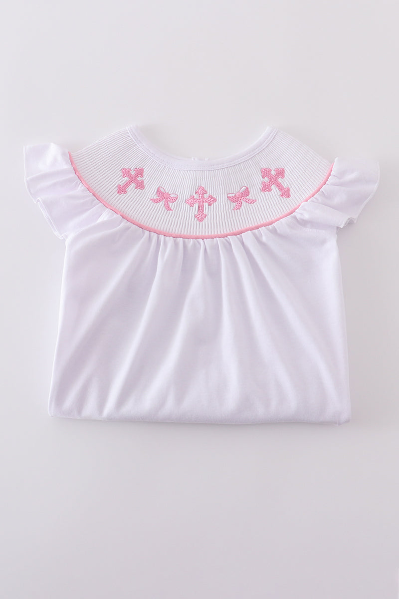 Girls Smocked Pink Bow Cross Dress