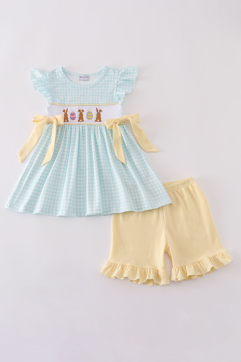 Girls Blue Bunny Smocked Set