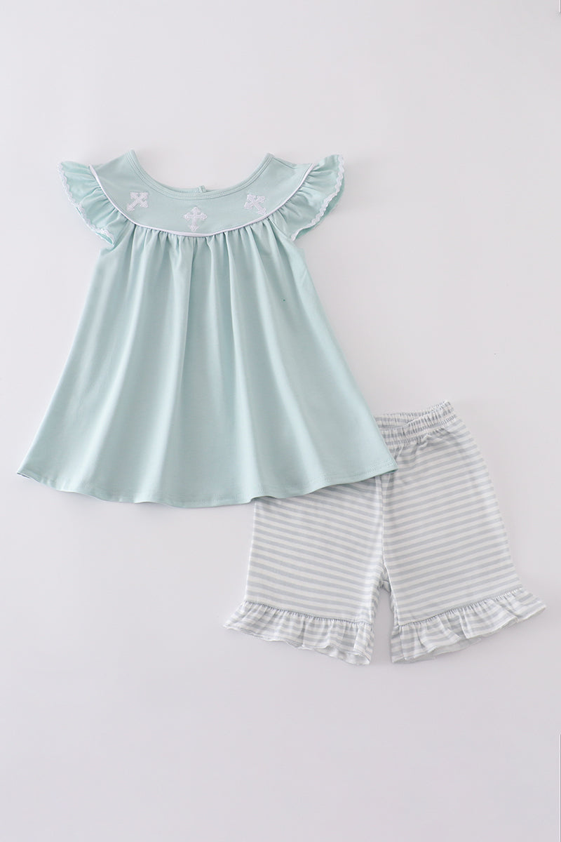 Girls Embroidered Blue Cross Set