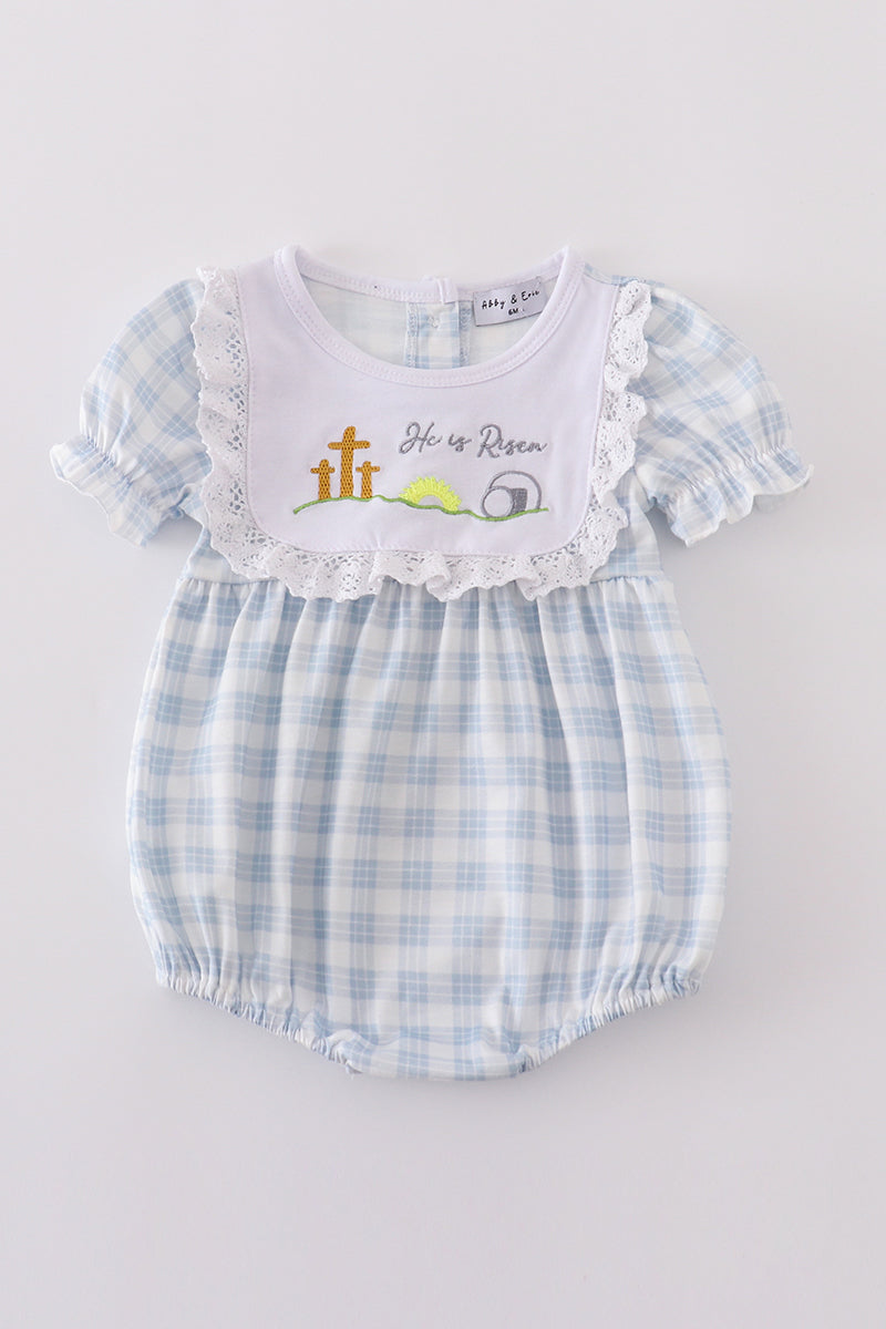 Girls Blue Plaid "He is Risen" Embroidered Bubble