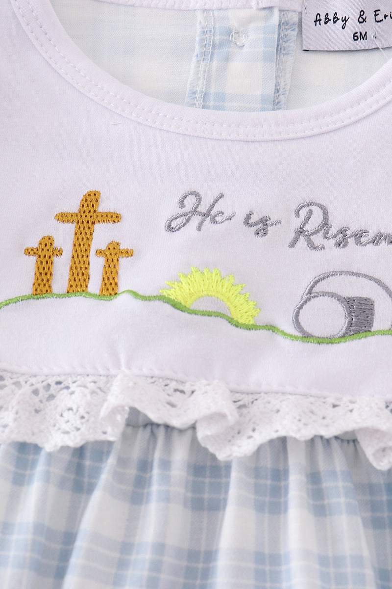 Girls Blue Plaid "He is Risen" Embroidered Bubble