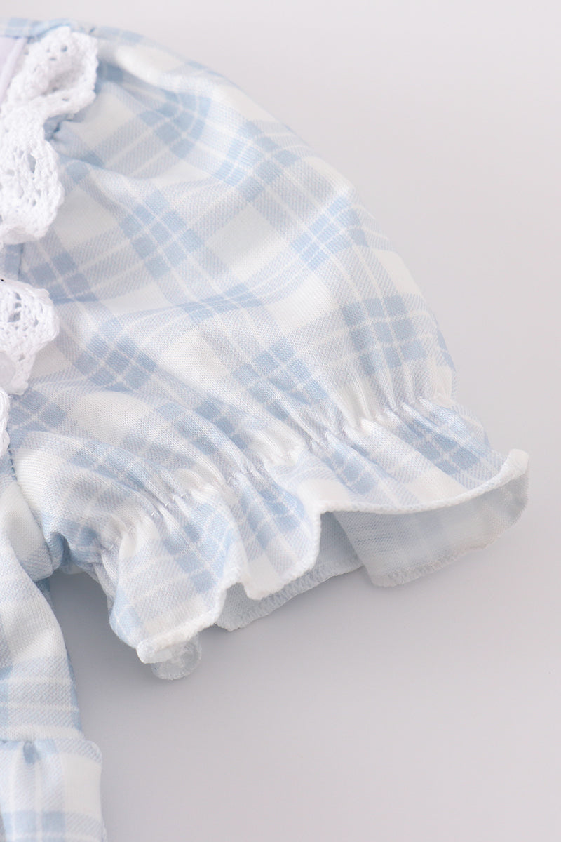 Girls Blue Plaid "He is Risen" Embroidered Bubble