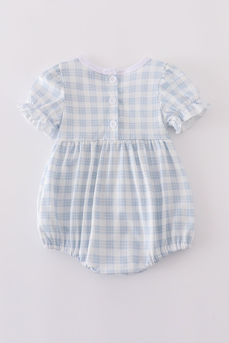Girls Blue Plaid "He is Risen" Embroidered Bubble
