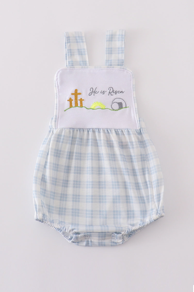 Boys Blue Plaid "He is Risen" Bubble