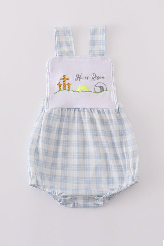 Boys Blue Plaid "He is Risen" Bubble