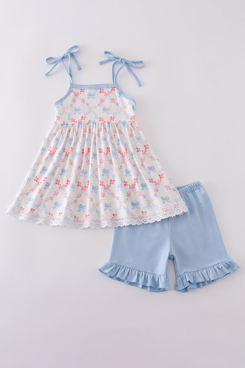 Girls Blue Bow Lattice Print Set