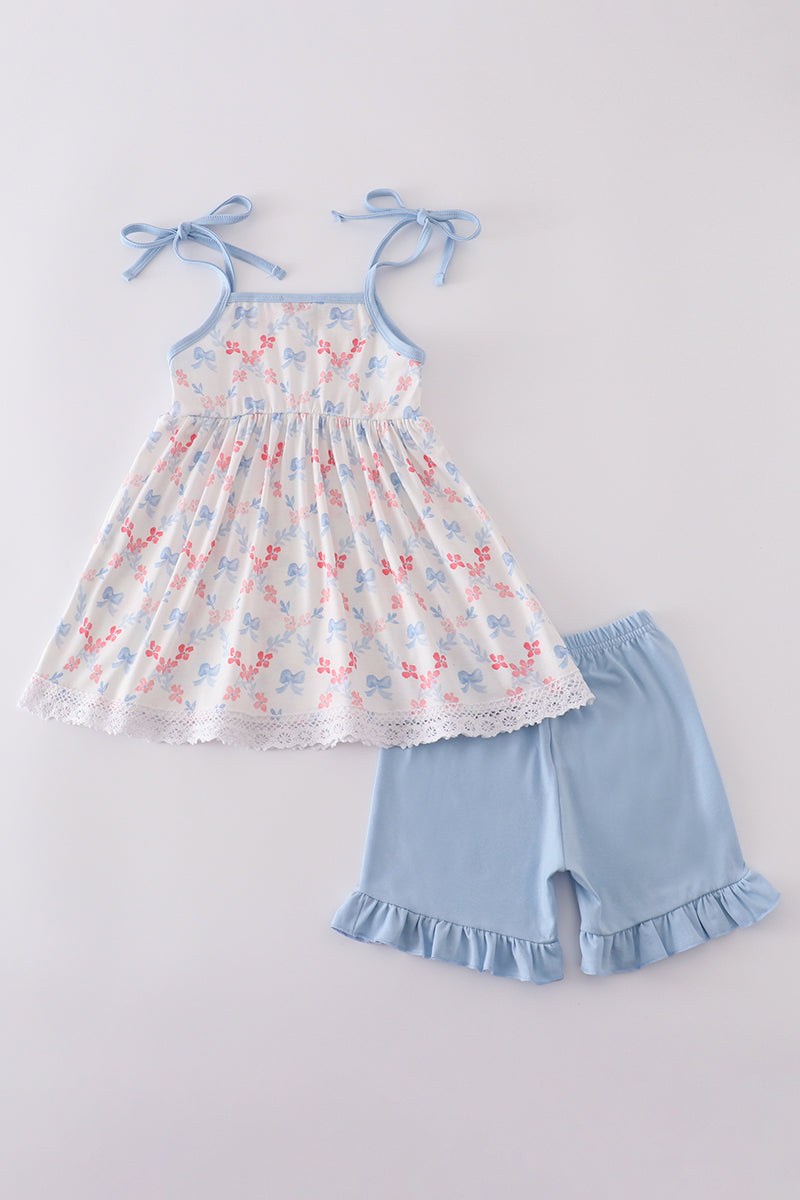 Girls Blue Bow Lattice Print Set