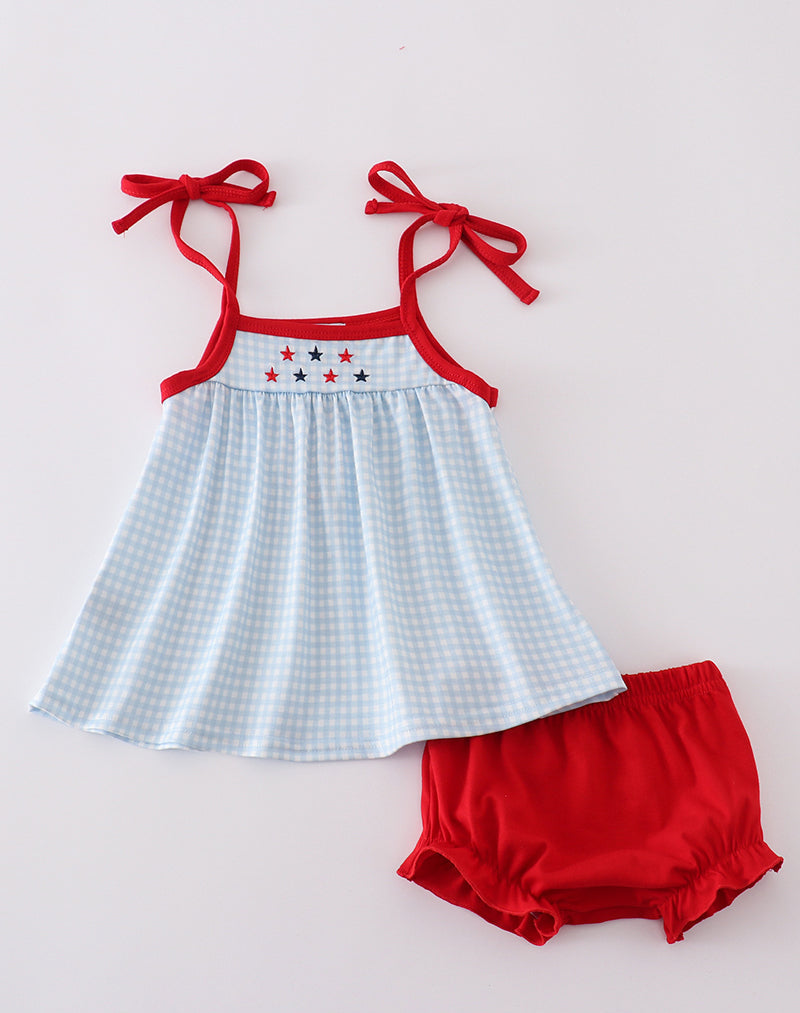 Girls Gingham Embroidered Star Bloomer Set