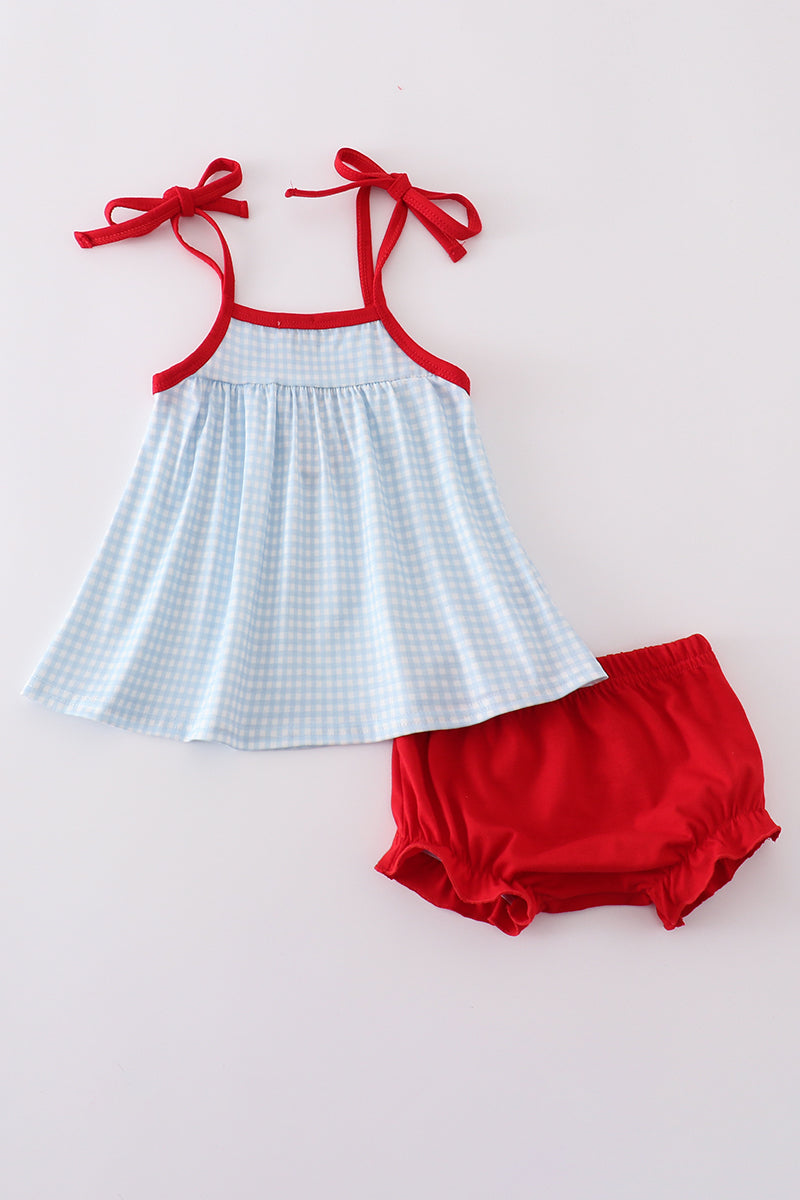 Girls Gingham Embroidered Star Bloomer Set