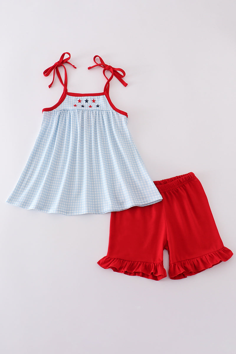 Girls Embroidered Gingham Star Set
